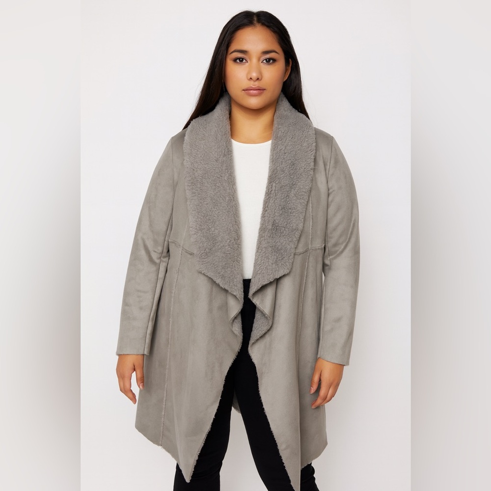 John & Jenn Faux Suede Shearling Wrap Jacket Gray Womens‎ Size S